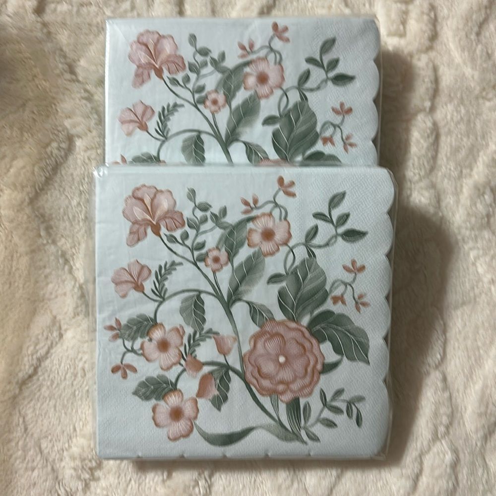 OCS Pastel Blue Coral Green Floral Scalloped Square Lunch Napkins 40 pk x 2
